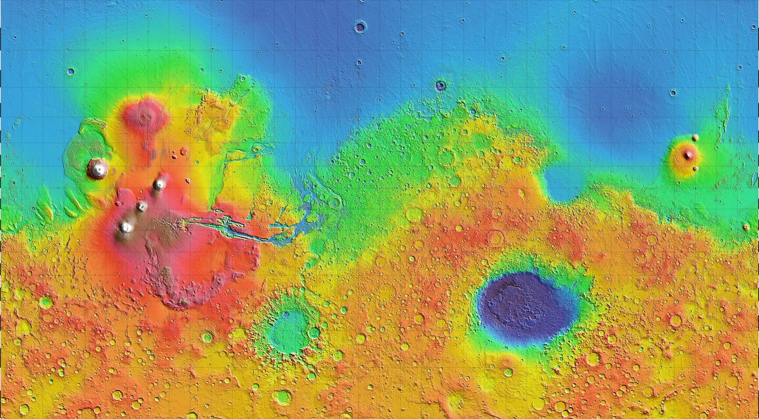 Global Mars MOLA topography with the Tharsis corridor region outlined