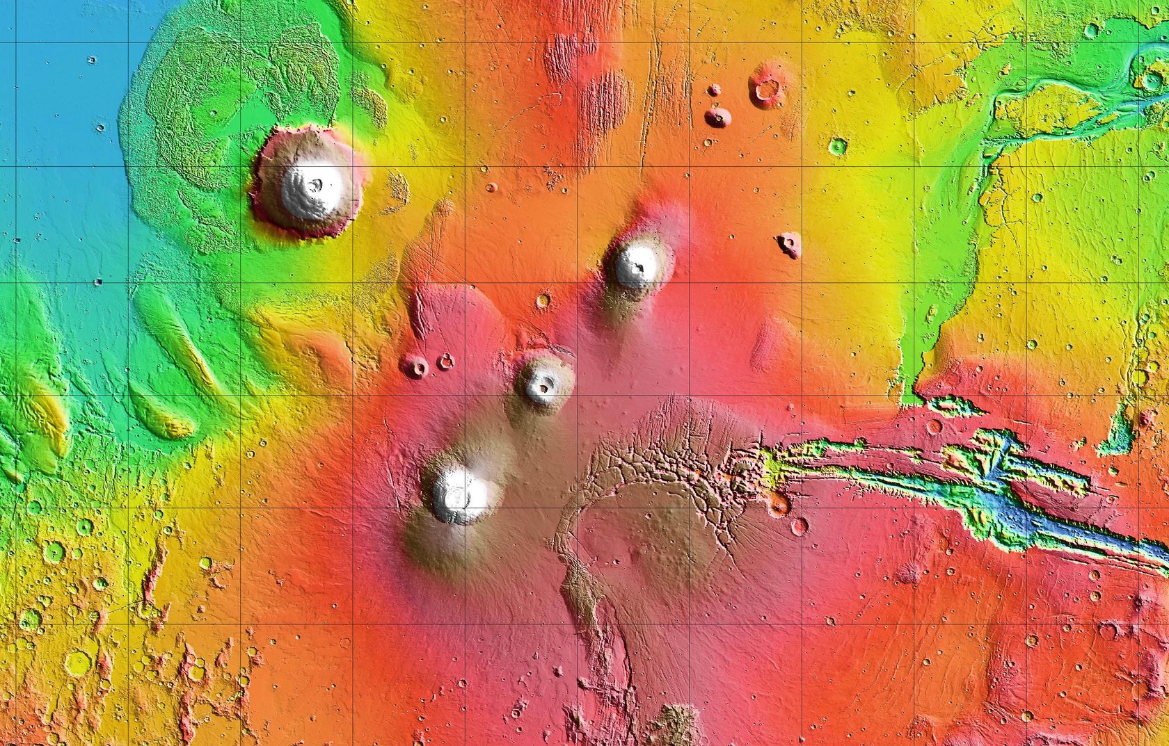Tharsis region of Mars, MOLA colorized topography, 198E to 302E, 33N to 30S